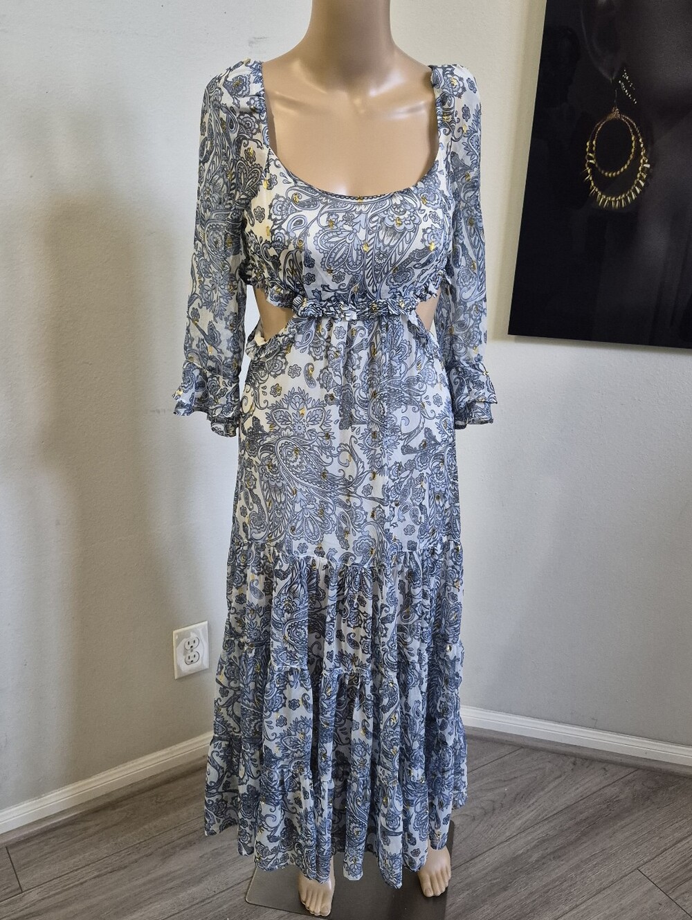 RAHI Women’s 3/4 Sleeve Blue Paisley Maxi Dress with Cutouts Size Small